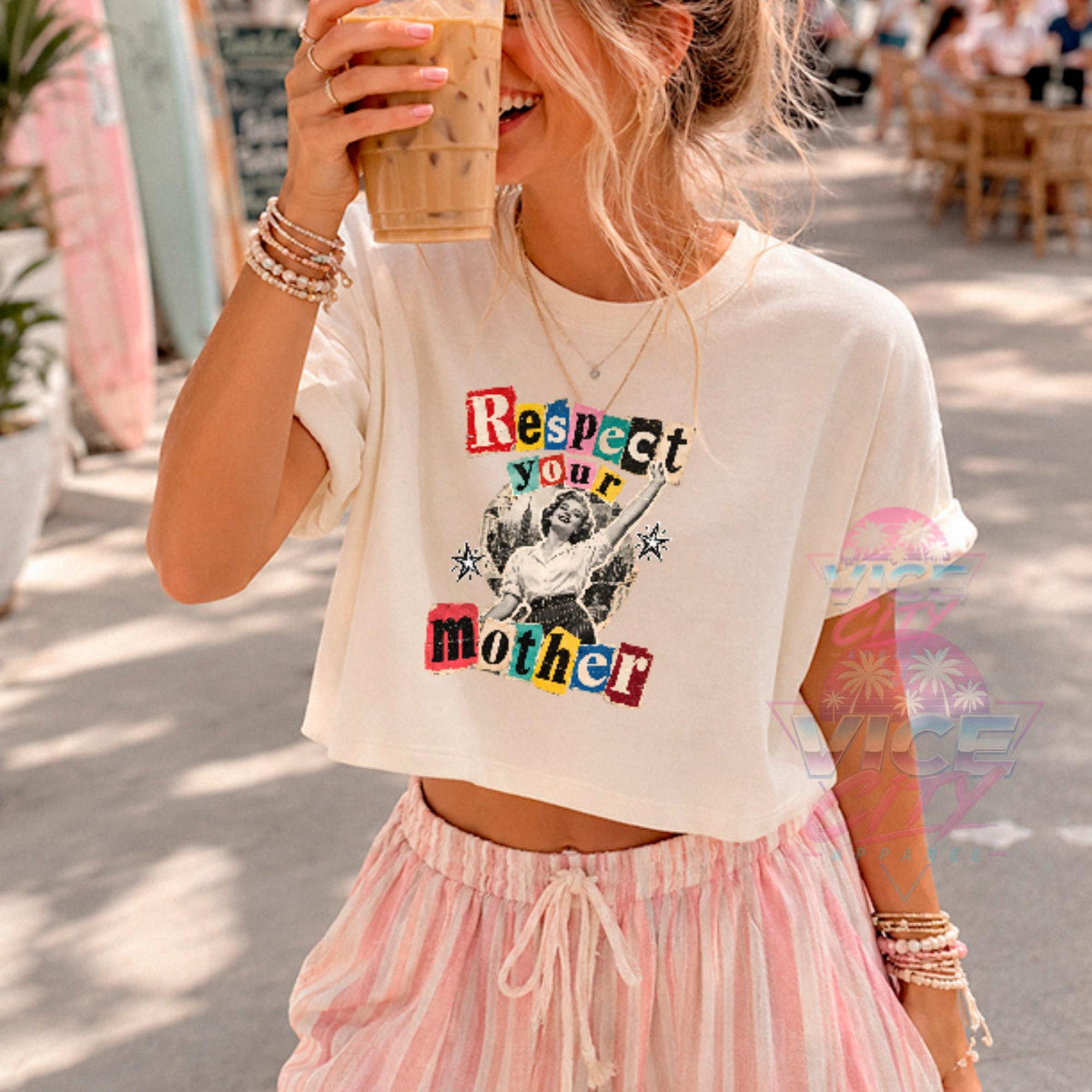 Respect Your Mother Print T-Shirt: Retro Collage Boxy Tee, Vintage Pin Up Boxy Tee with Comforting Colors for Mom, Christmas Gift Boxy Tee
