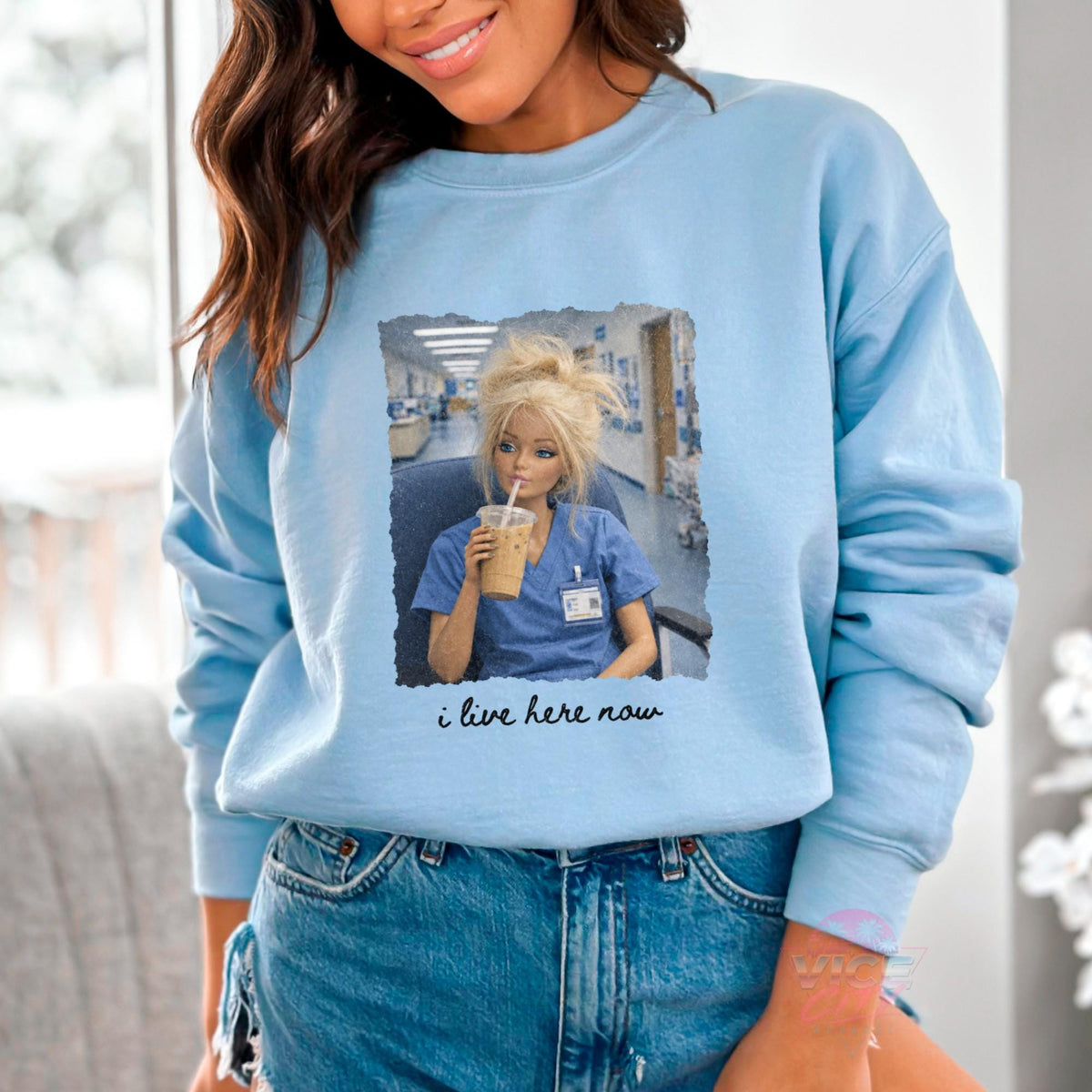 I Live Here Now Nurse Sweatshirt, Funny Doll Nurse Crewneck, Iced Coffee Nurse Sweater, Night Shift RN Shirt, Nursing School Gift for Her