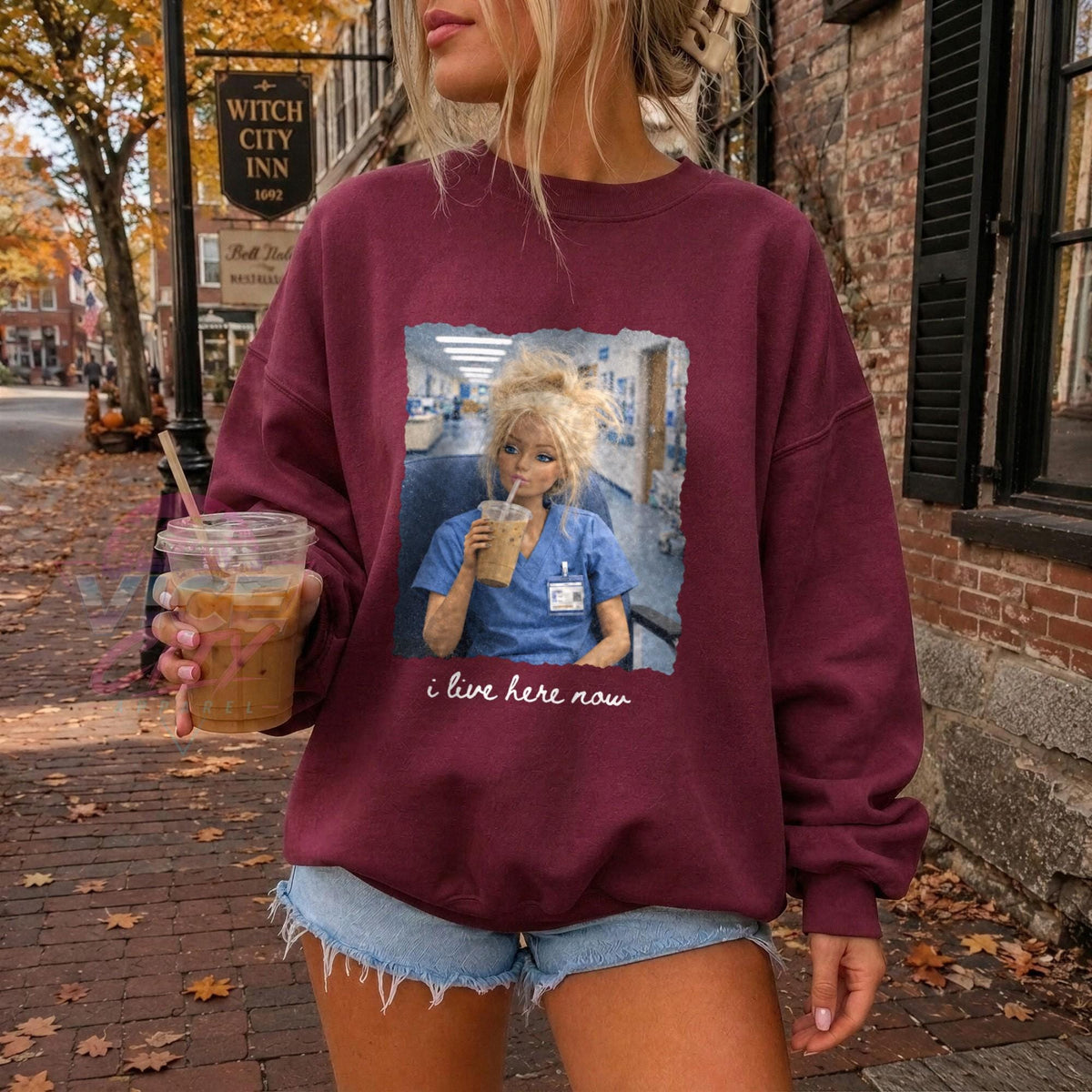 I Live Here Now Nurse Sweatshirt, Funny Doll Nurse Crewneck, Iced Coffee Nurse Sweater, Night Shift RN Shirt, Nursing School Gift for Her