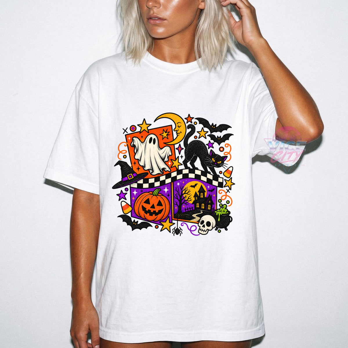 Retro Halloween Shirt, Ghost Black Cat Pumpkin T-Shirt, Checkered Spooky Season Tee, Comfort Colors Halloween Tee, Haunted House Shirt