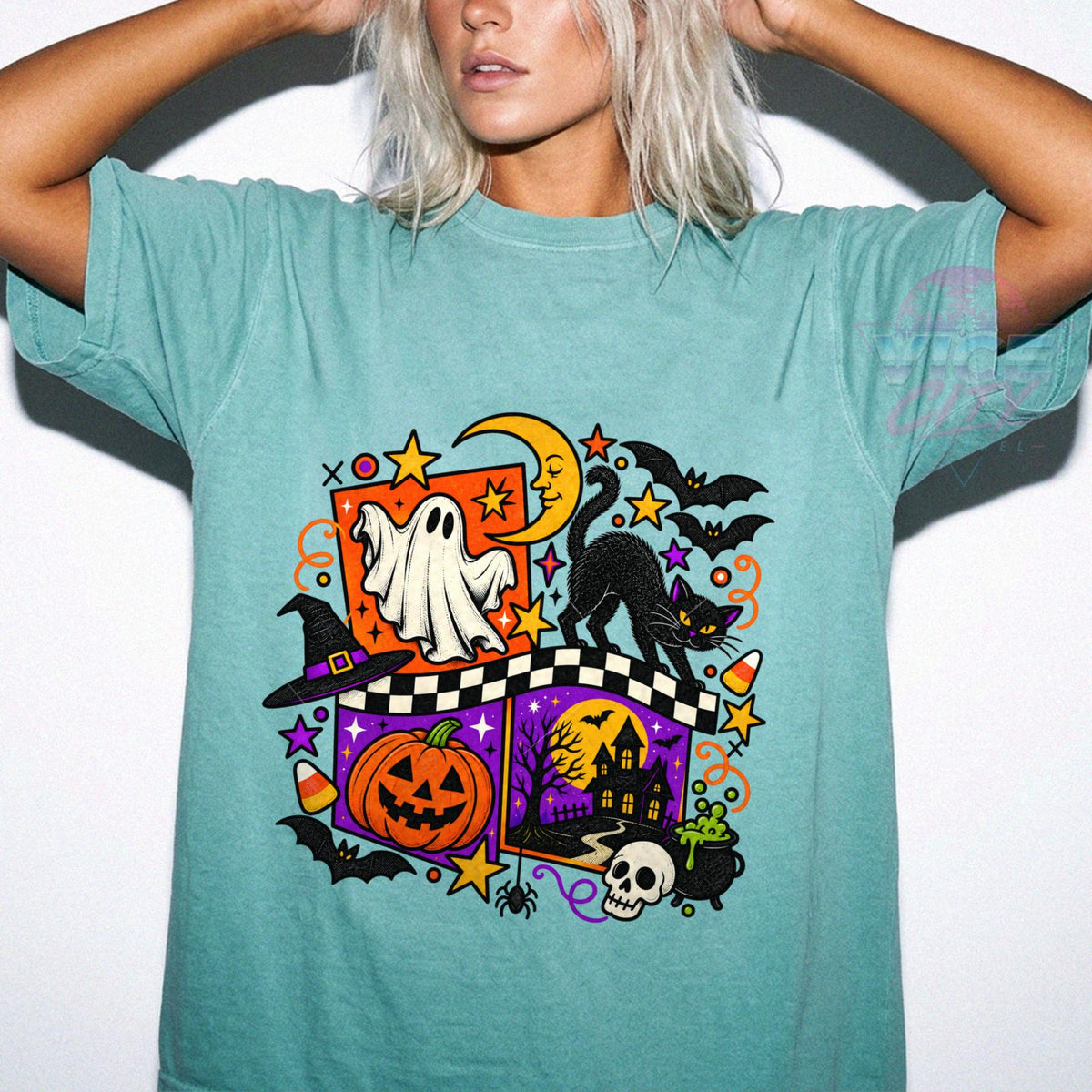 Retro Halloween Shirt, Ghost Black Cat Pumpkin T-Shirt, Checkered Spooky Season Tee, Comfort Colors Halloween Tee, Haunted House Shirt