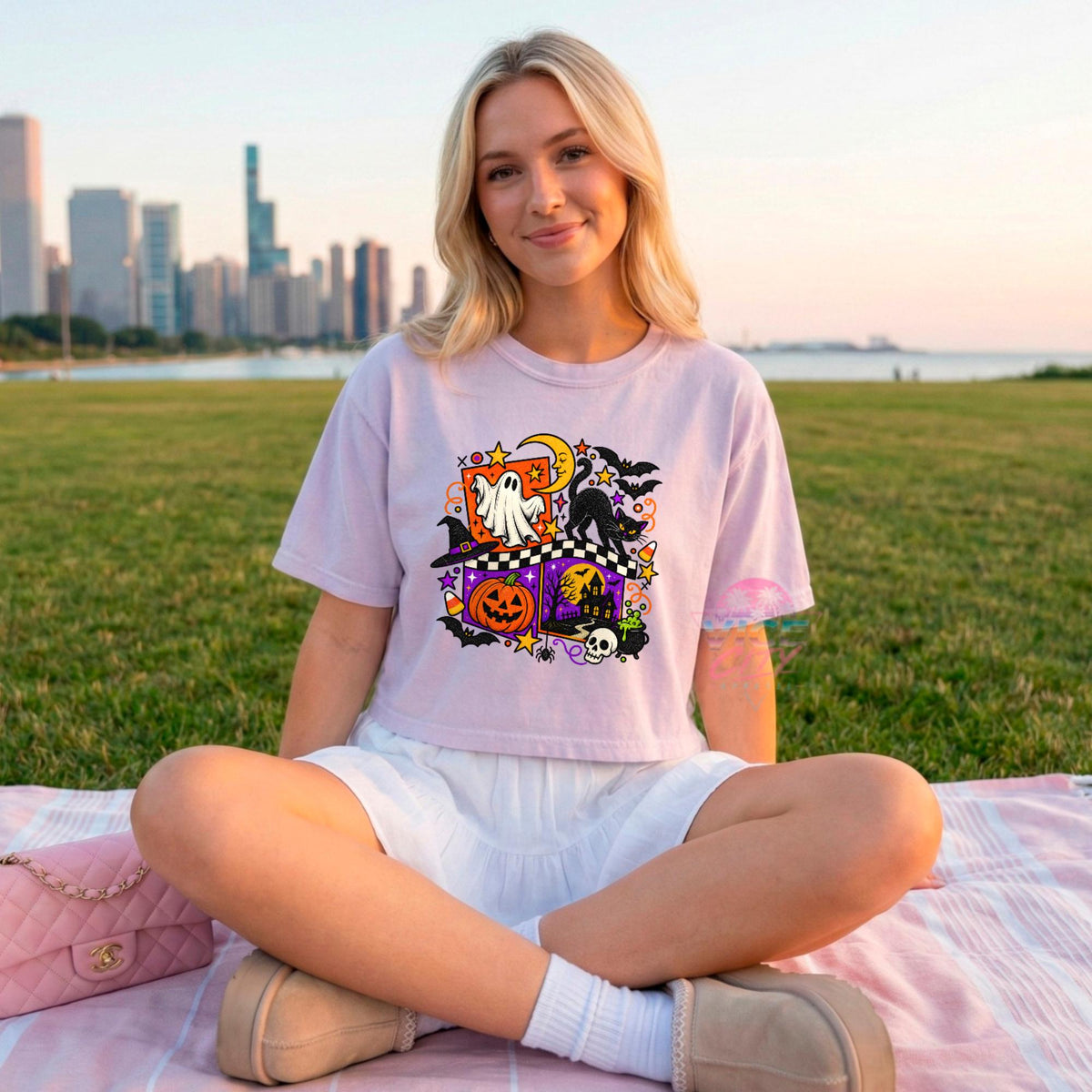 Retro Halloween Boxy Tee, Ghost Black Cat Pumpkin Cropped T-Shirt, Checkered Spooky Season Shirt, Comfort Colors Womens Halloween Tee