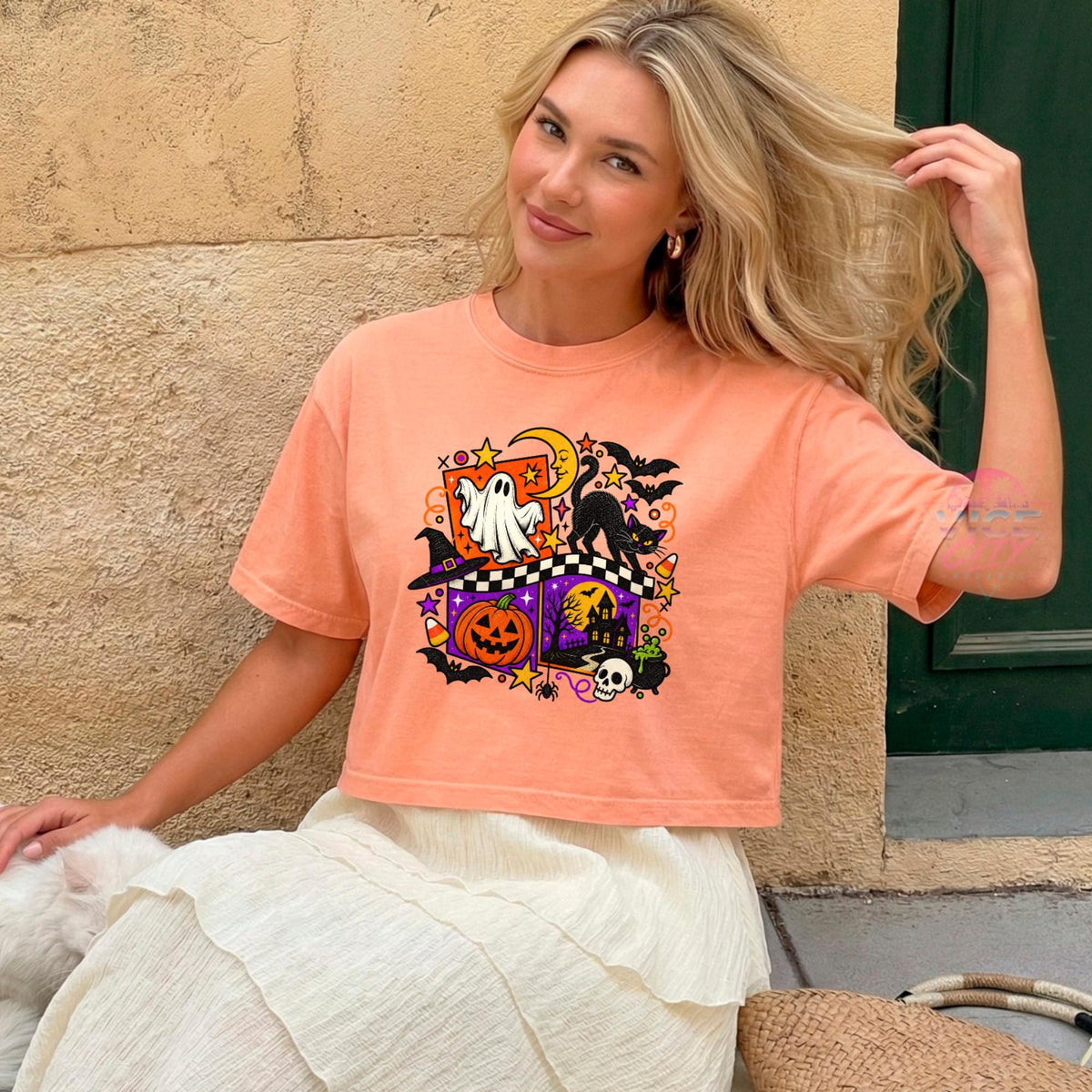 Retro Halloween Boxy Tee, Ghost Black Cat Pumpkin Cropped T-Shirt, Checkered Spooky Season Shirt, Comfort Colors Womens Halloween Tee
