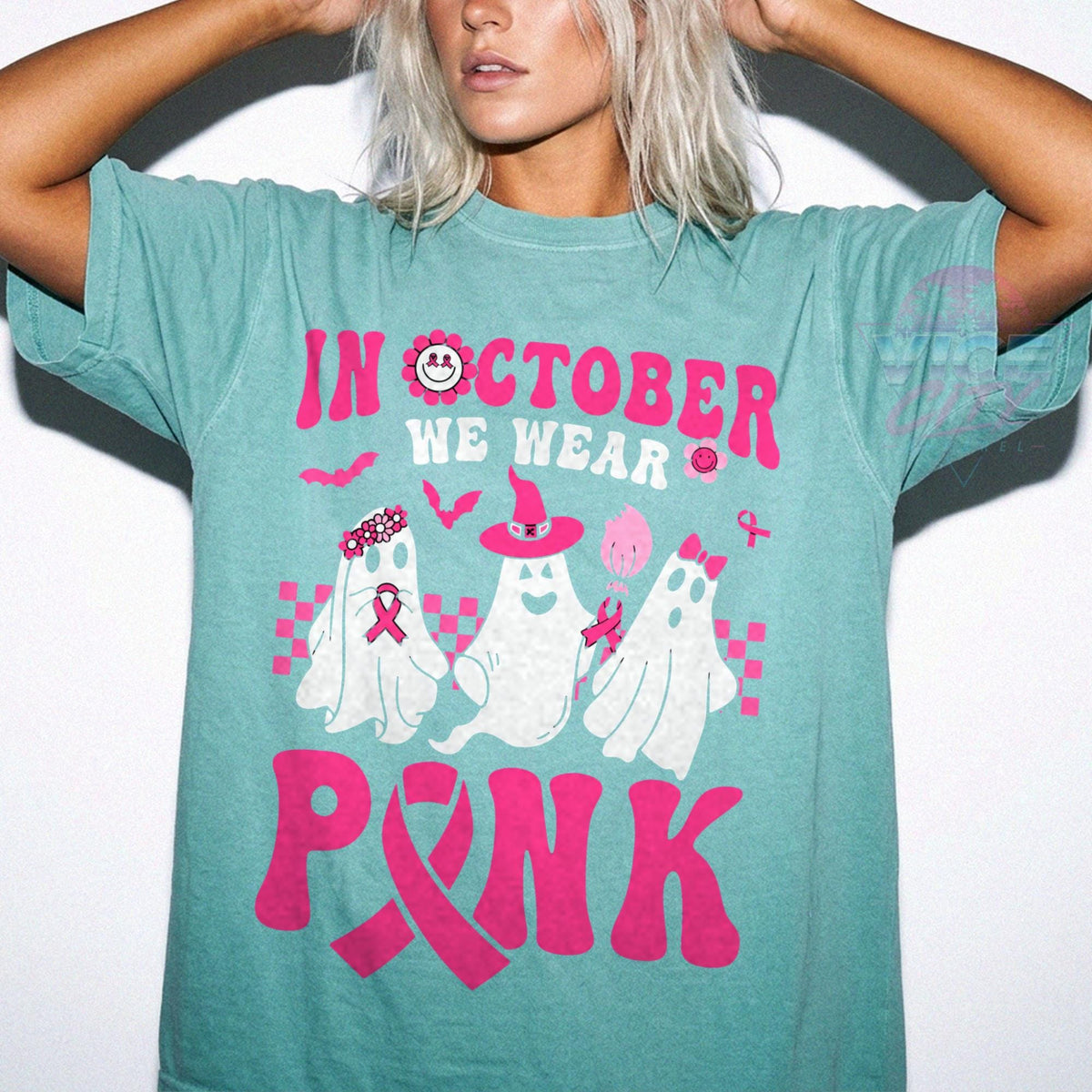 In October We Wear Pink Shirt, Ghost Breast Cancer Awareness T-Shirt, Pink Ribbon Halloween Tee, Comfort Colors Cancer Support Tee