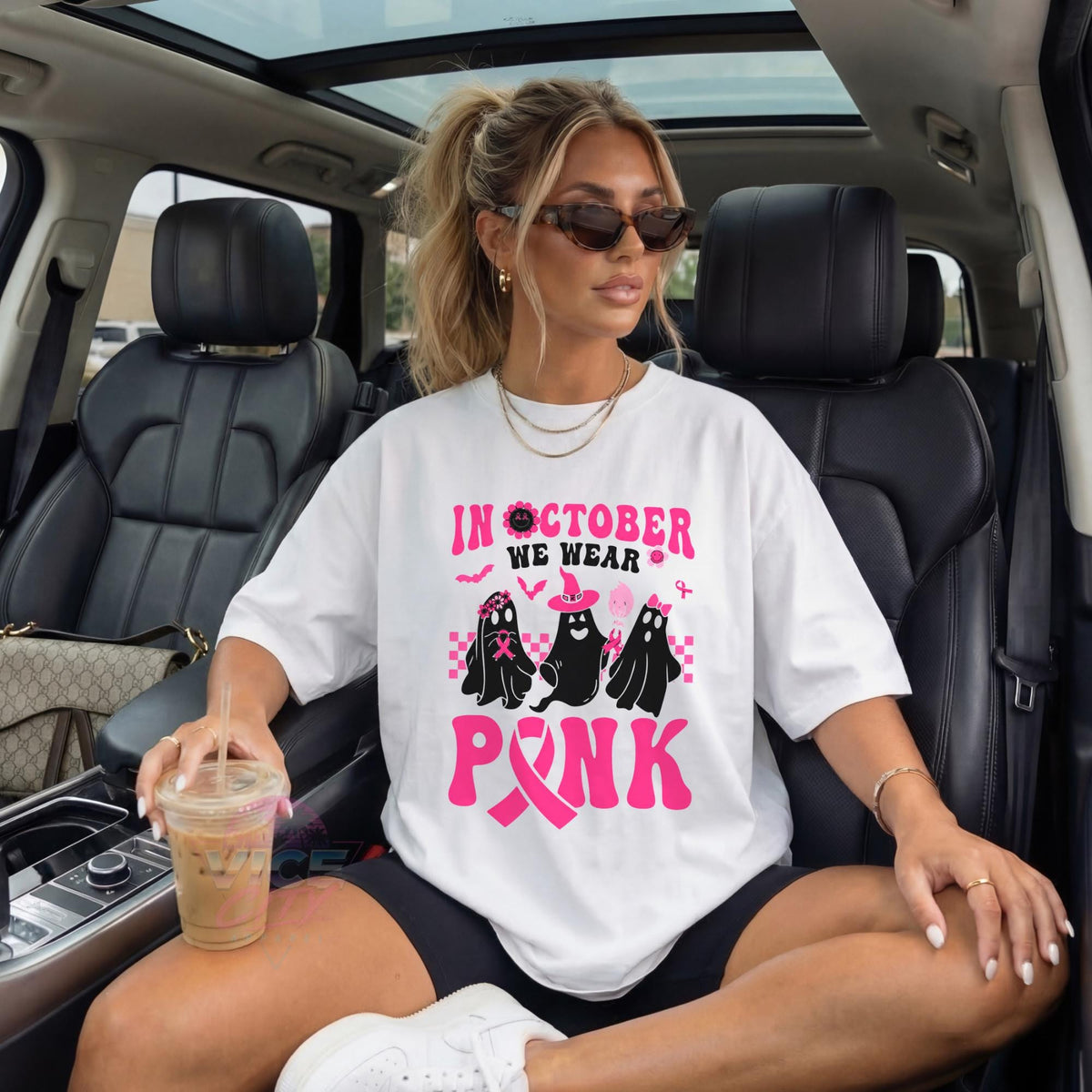 In October We Wear Pink Shirt, Ghost Breast Cancer Awareness T-Shirt, Pink Ribbon Halloween Tee, Comfort Colors Cancer Support Tee