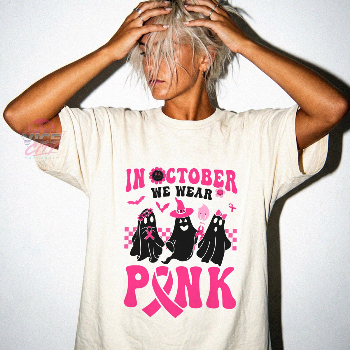 In October We Wear Pink Shirt, Ghost Breast Cancer Awareness T-Shirt, Pink Ribbon Halloween Tee, Comfort Colors Cancer Support Tee