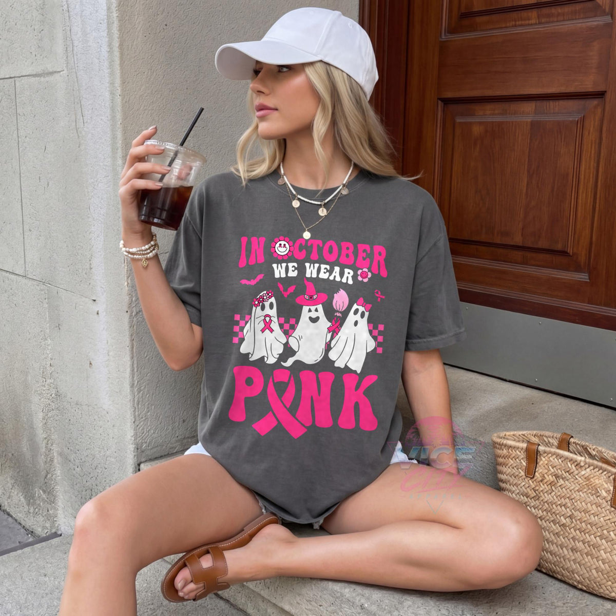 In October We Wear Pink Shirt, Ghost Breast Cancer Awareness T-Shirt, Pink Ribbon Halloween Tee, Comfort Colors Cancer Support Tee