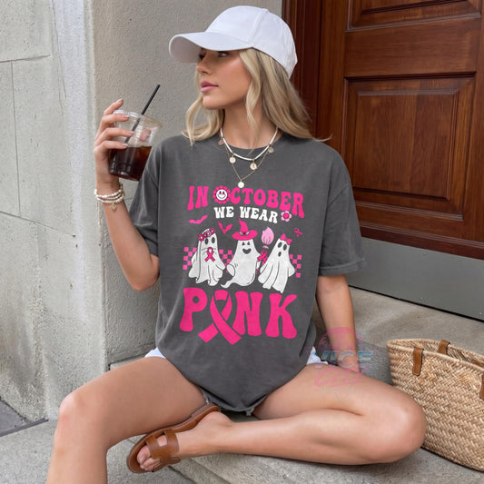 In October We Wear Pink Shirt, Ghost Breast Cancer Awareness T-Shirt, Pink Ribbon Halloween Tee, Comfort Colors Cancer Support Tee
