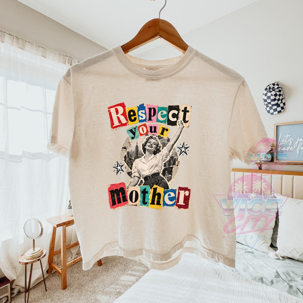 Respect Your Mother Print T-Shirt: Retro Collage Boxy Tee, Vintage Pin Up Boxy Tee with Comforting Colors for Mom, Christmas Gift Boxy Tee