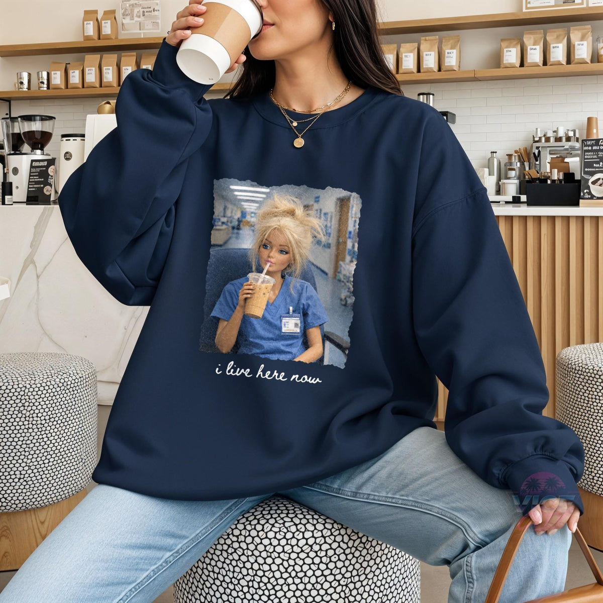 I Live Here Now Nurse Sweatshirt, Funny Doll Nurse Crewneck, Iced Coffee Nurse Sweater, Night Shift RN Shirt, Nursing School Gift for Her