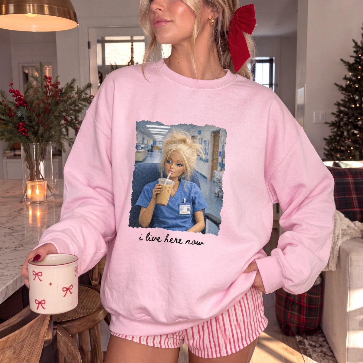 I Live Here Now Nurse Sweatshirt, Funny Doll Nurse Crewneck, Iced Coffee Nurse Sweater, Night Shift RN Shirt, Nursing School Gift for Her