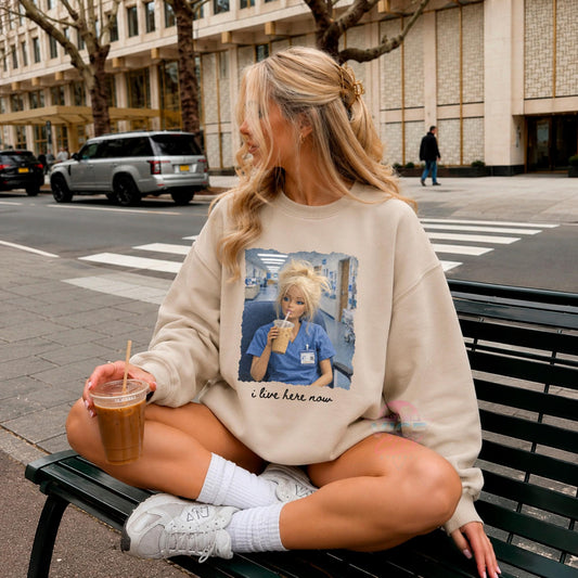 I Live Here Now Nurse Sweatshirt, Funny Doll Nurse Crewneck, Iced Coffee Nurse Sweater, Night Shift RN Shirt, Nursing School Gift for Her