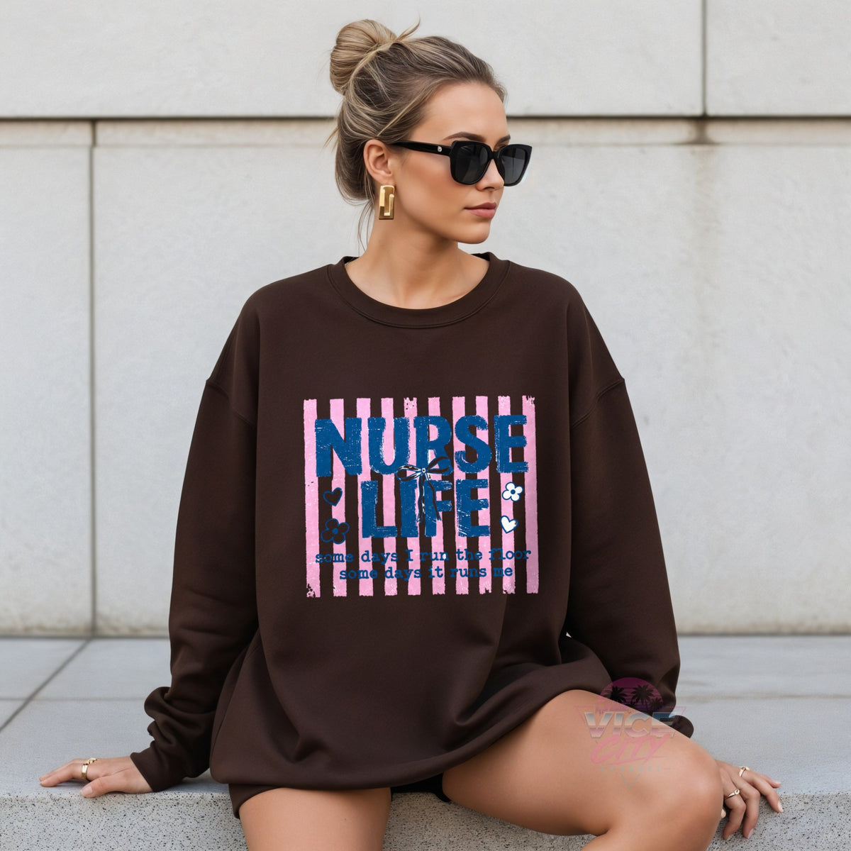 Nurse Life coquette bow pink striped sweatshirt - espresso coffee