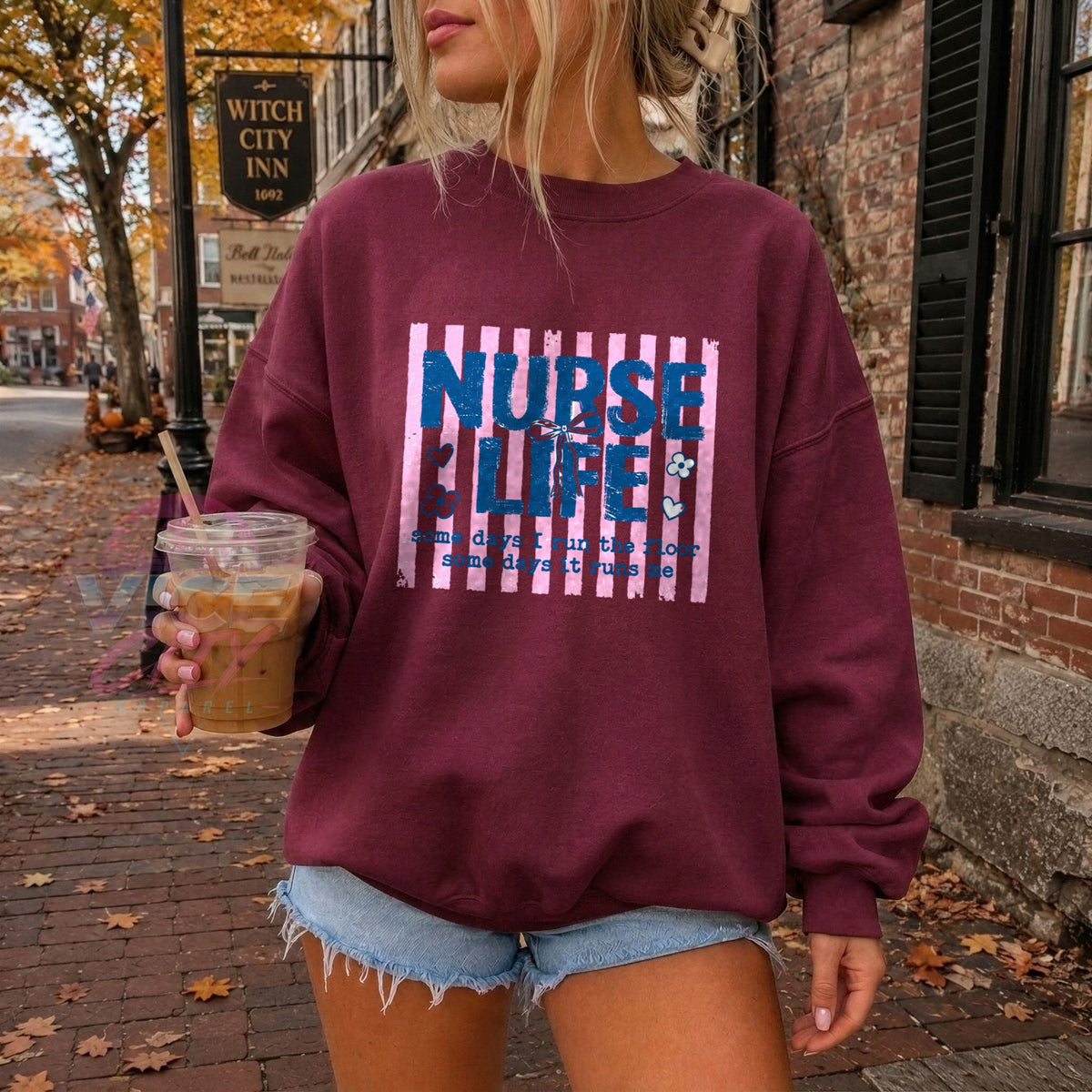 Nurse Life coquette bow pink striped sweatshirt - maroon