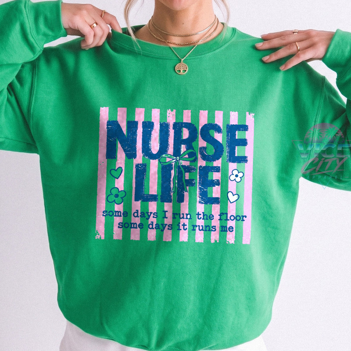 Nurse Life coquette bow pink striped sweatshirt - irish green