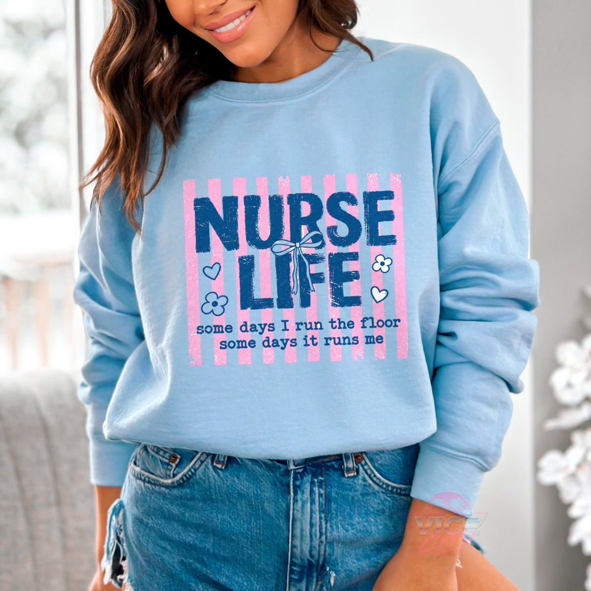 Nurse Life coquette bow pink striped sweatshirt - light blue