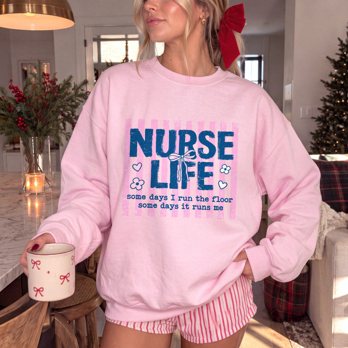 Nurse Life coquette bow pink striped sweatshirt - light pink