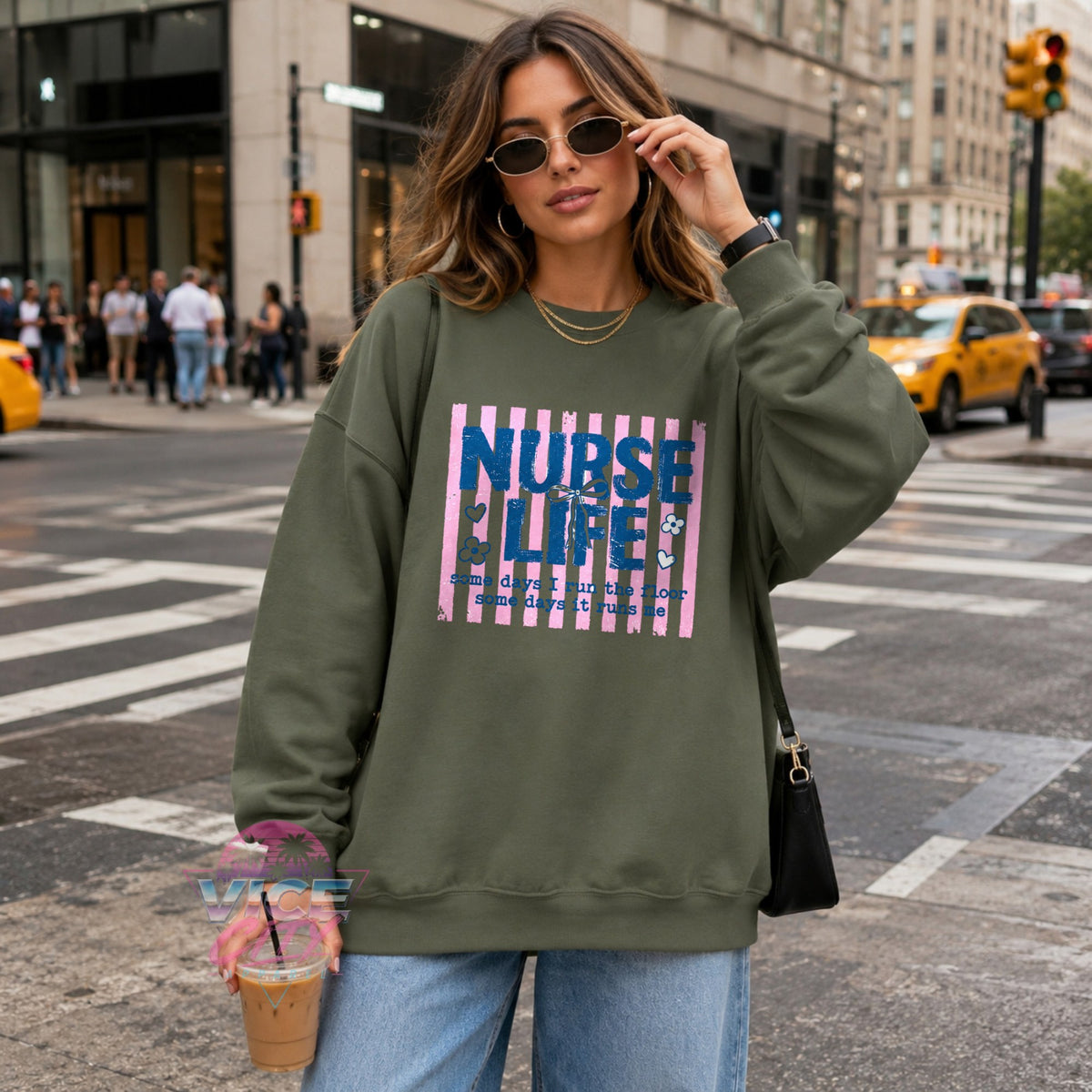 Nurse Life coquette bow pink striped sweatshirt - military green