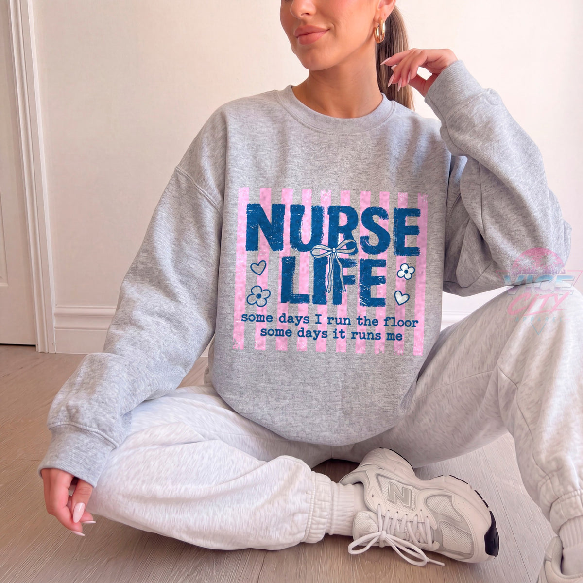 Nurse Life coquette bow pink striped sweatshirt - sport grey